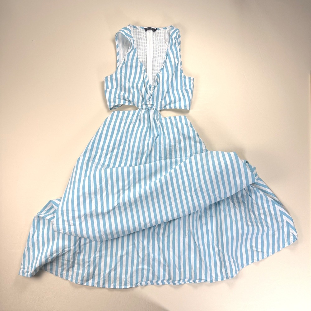 Vineyard Vines Cut Out Midi Dress Mist Blue White Stripe Sleeveless 0 Coastal - Picture 9 of 11